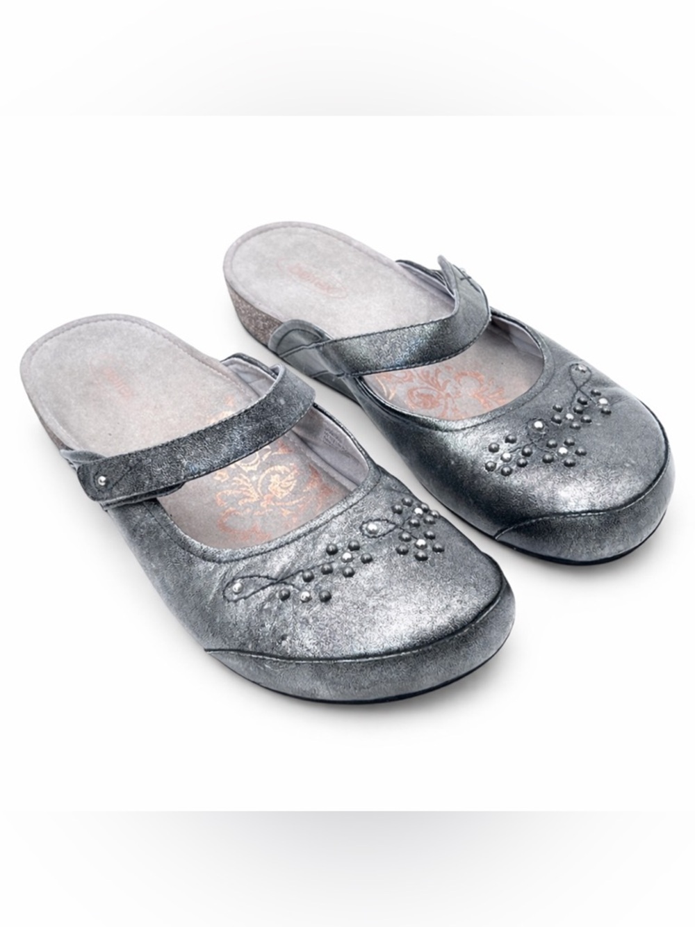 Aetrex Amanda Pewter Leather Mary Jane Mule Clogs Supportive Comfort Shoe Size 9